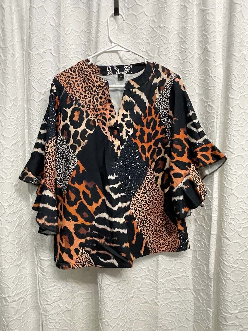 SHEIN Animal Print Blouse Size 0XL Black Multi Leopard Patchwork Bell Sleeve